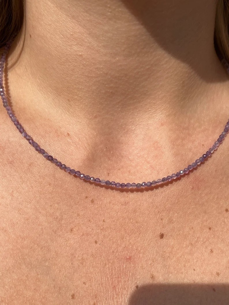 Amethyst 2mm Crystal Gemstone Faceted Beads Minimalist Dainty Choker Necklace
