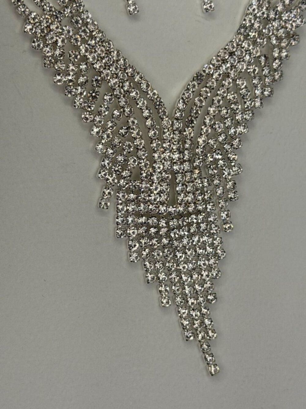 Christina Collection Silver Tone Rhinestone Fringe Statement Necklace & Earrings