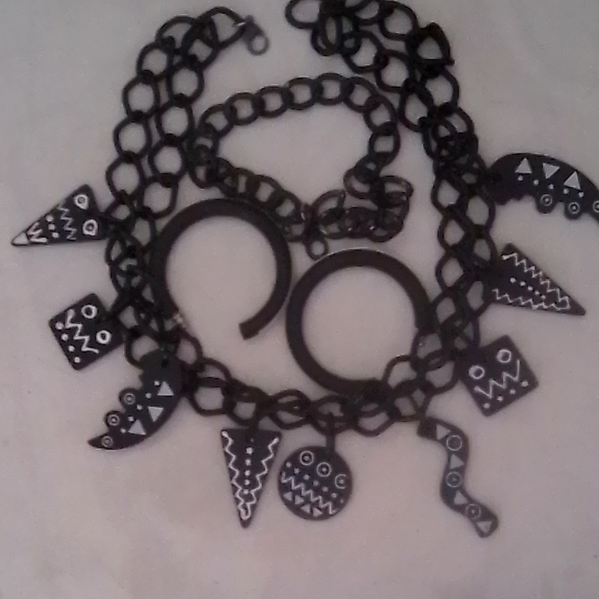Black Metal Cable Chain Charm Necklace w/ Geometric Dangle Charms, No Stone