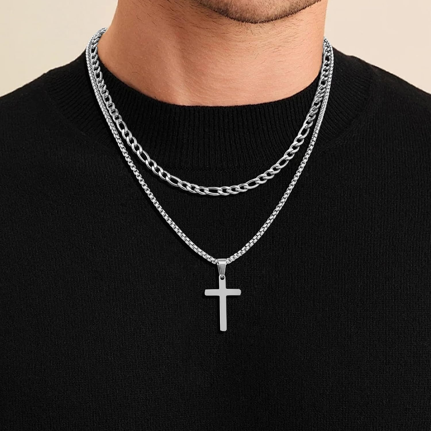 2 Pcs Cross Necklace Chain for Men, Stainless Steel Pendant | Layered Cross Chai