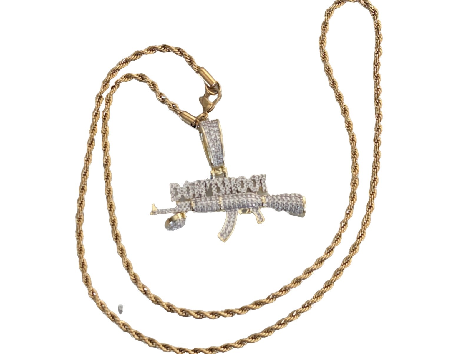 Necklaces Men Ice Out Bling Gun Don’t Shoot Gold Plated Pendant 12″Chain