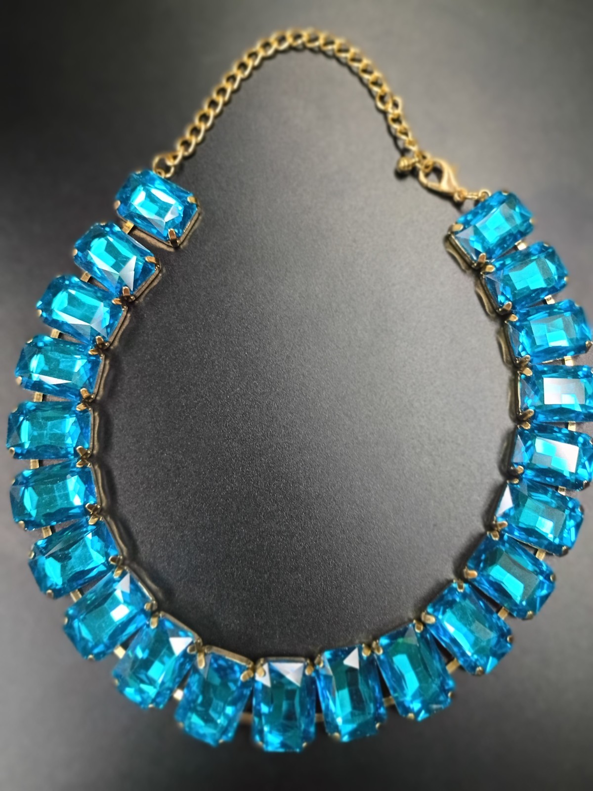 Gold Tone Cable Chain Statement Necklace Blue Baguette Crystals Lobster Clasp