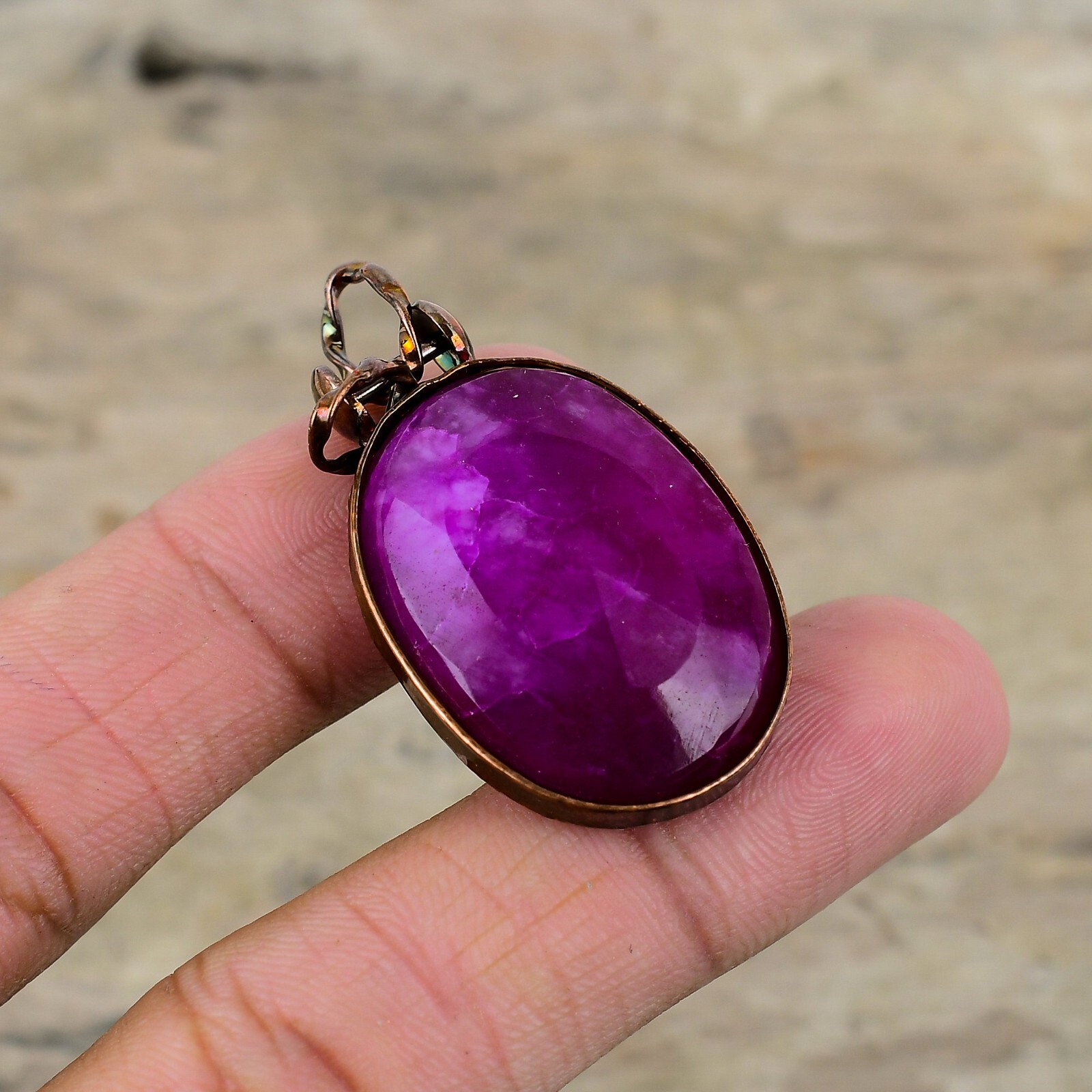 Valentines Sale Copper Oval Kashmir Rubi Stone Wife Electroformed Bezel Pendant