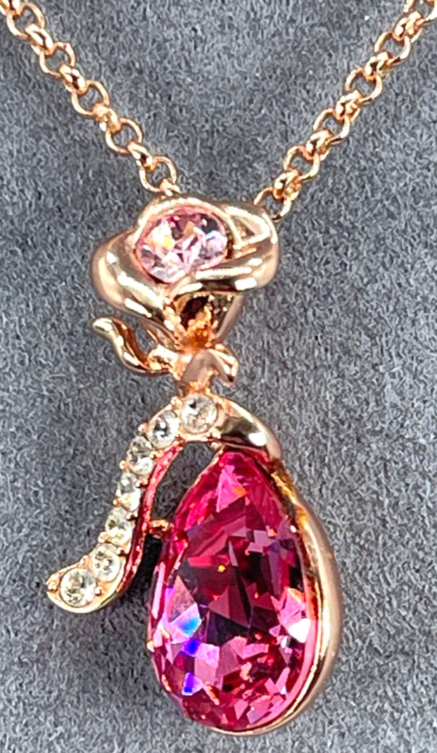 Necklace Rose Gold Tone Bright Pink Teardrop Crystal w/Rose Accent 16″ + 2′