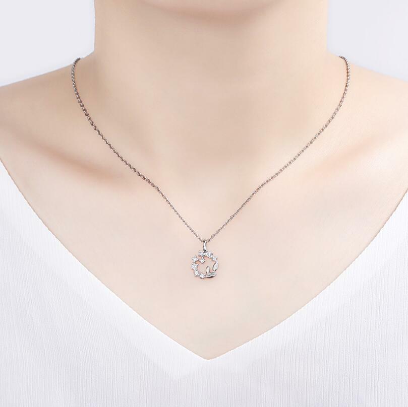 Silver Elegant Wreath Love Halo Ring Pave Cubic Zirconia Pendant Chain Necklace
