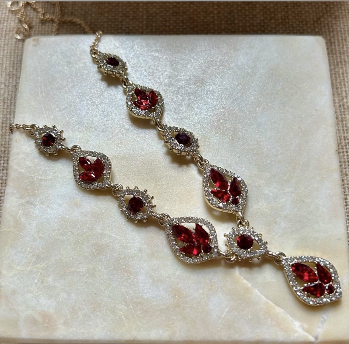 Marchesa Gold Tone Red Crystal Pavé Teardrop Pendant Necklace Lobster Clasp