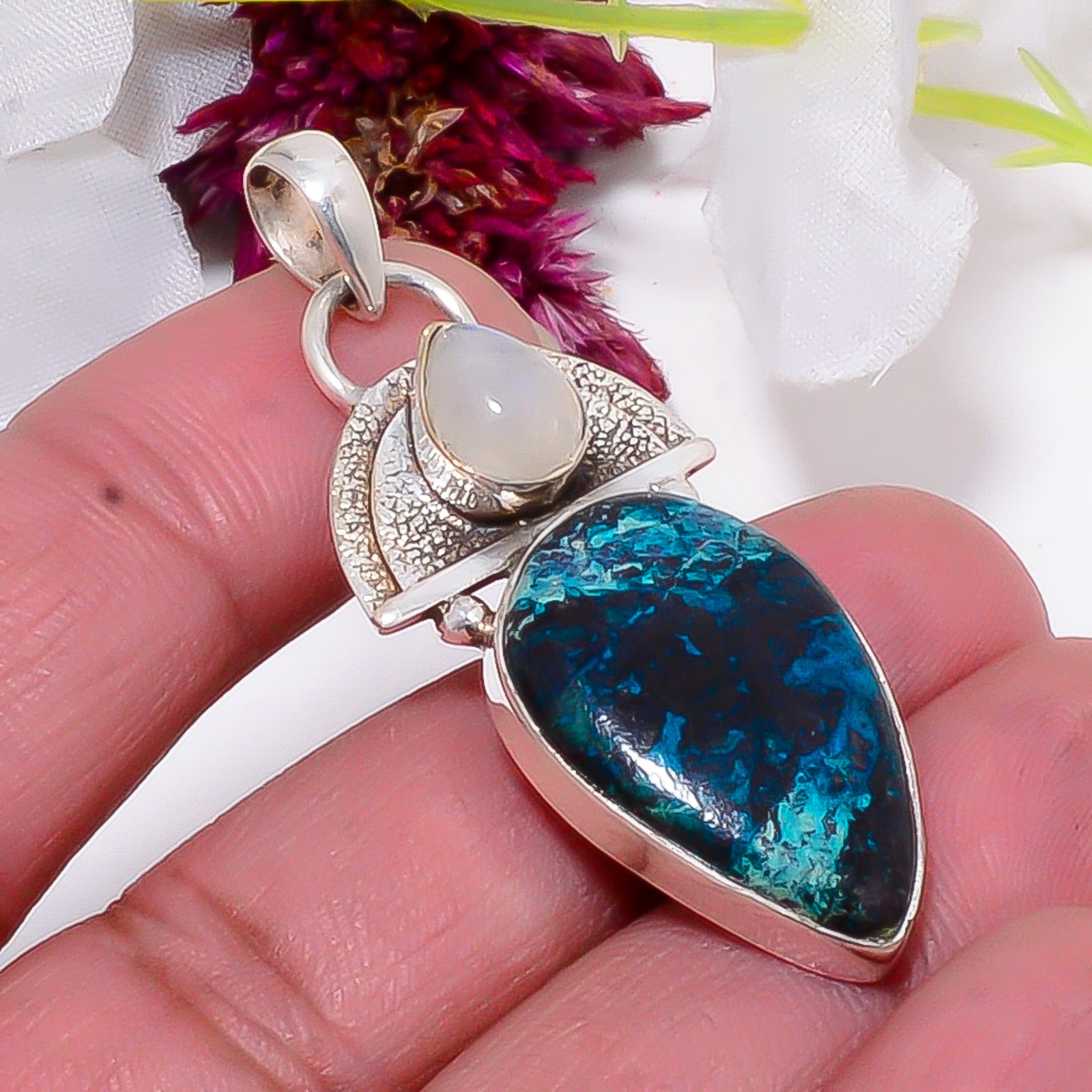 Shattuckite – Arizona & Rainbow Moonstone 925 Sterling Silver Pendant 2.03″ Sk13