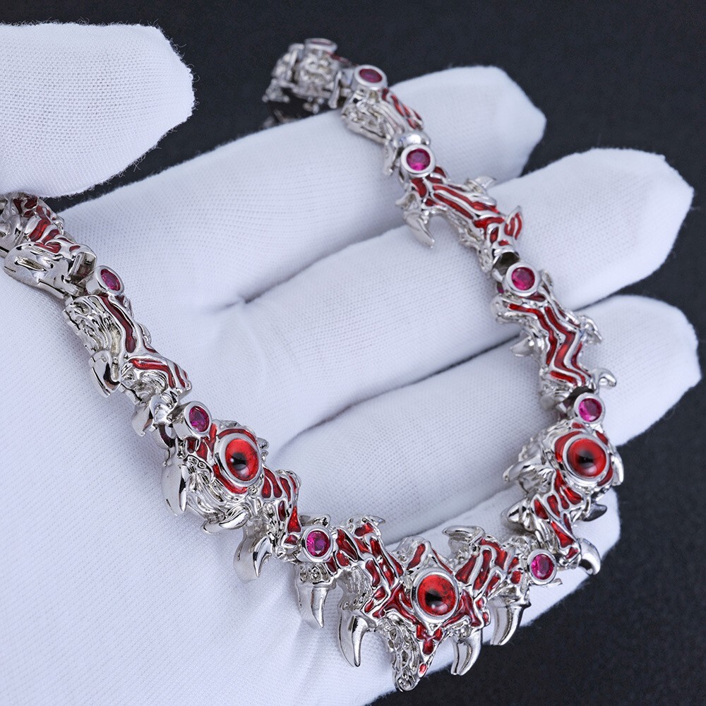 18″ Red Eyes Spikes Iced CZ Out Chain Choker Silver Necklace For Men Hip Hop