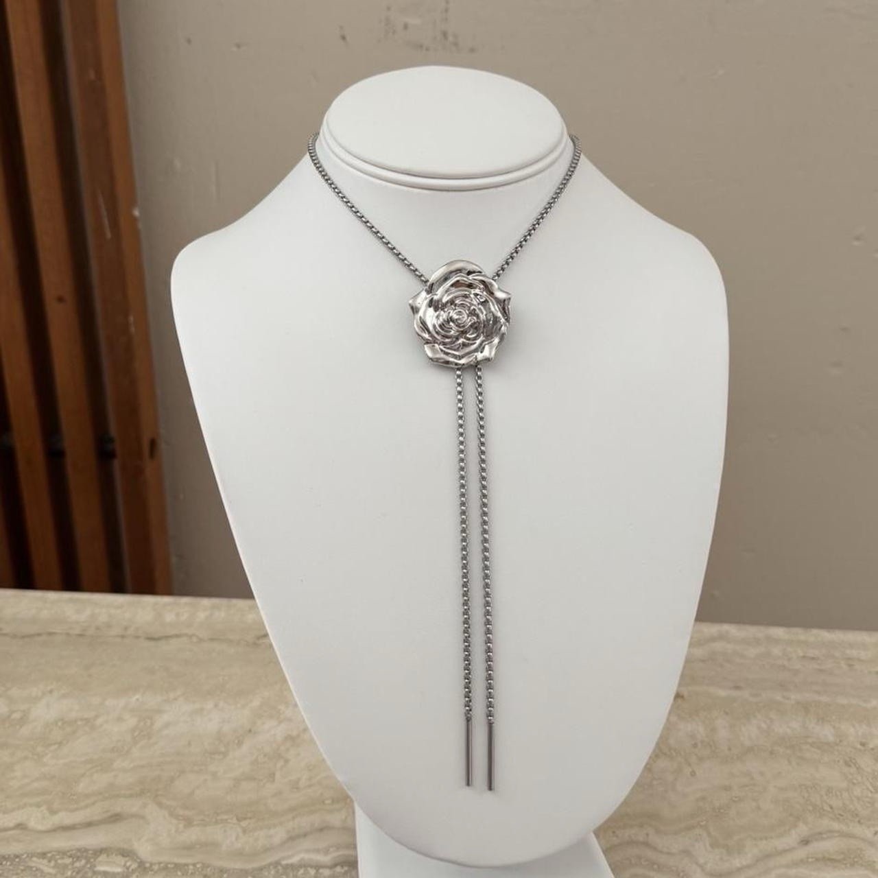 Silver Rose Flower Bolo Tie Chain Necklace