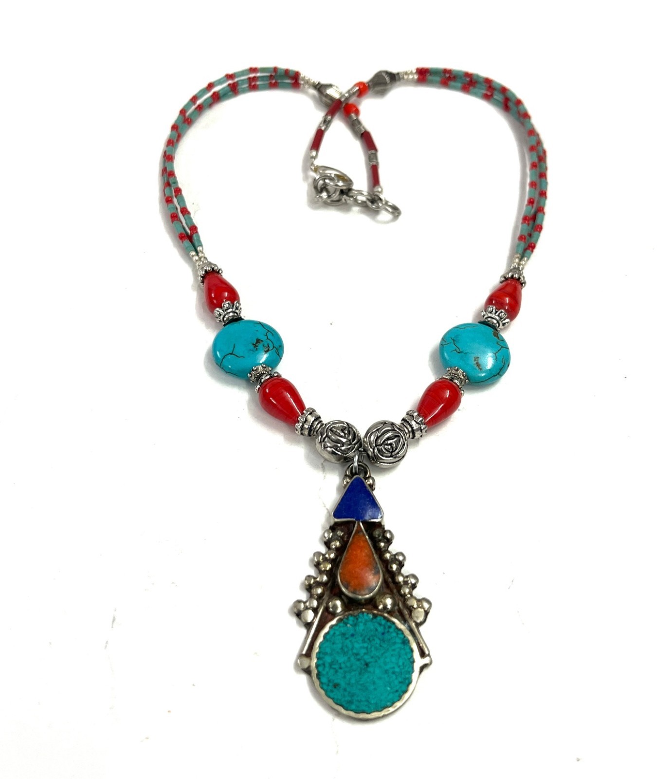 Antique Turquoise Coral Gemstone Tibetan Bohemian Necklace Jewelry, 18 Inc Adjs