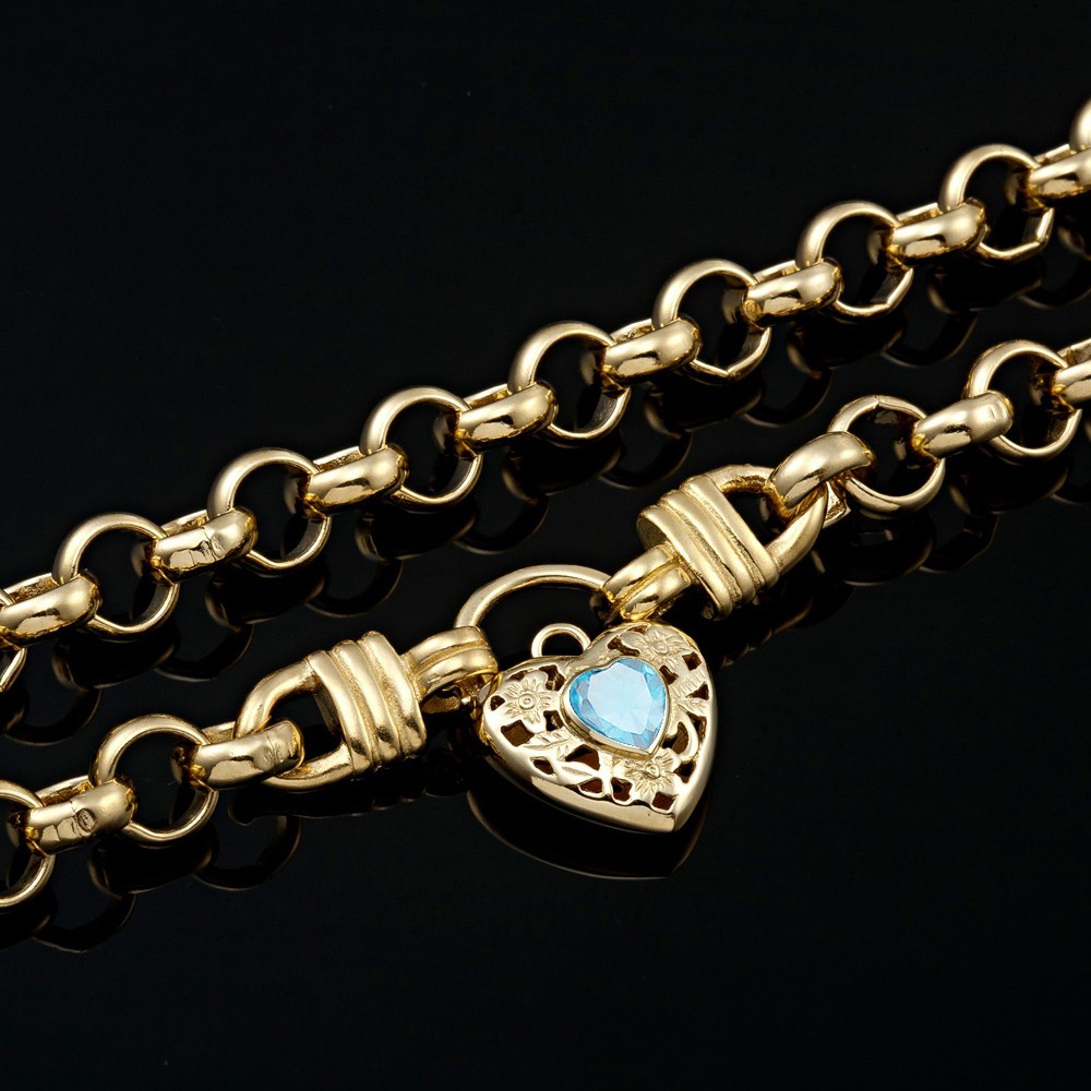 18K GL Thick Solid Rolo Yellow Gold Necklace Filigree Heart Padlock Topaz Blue