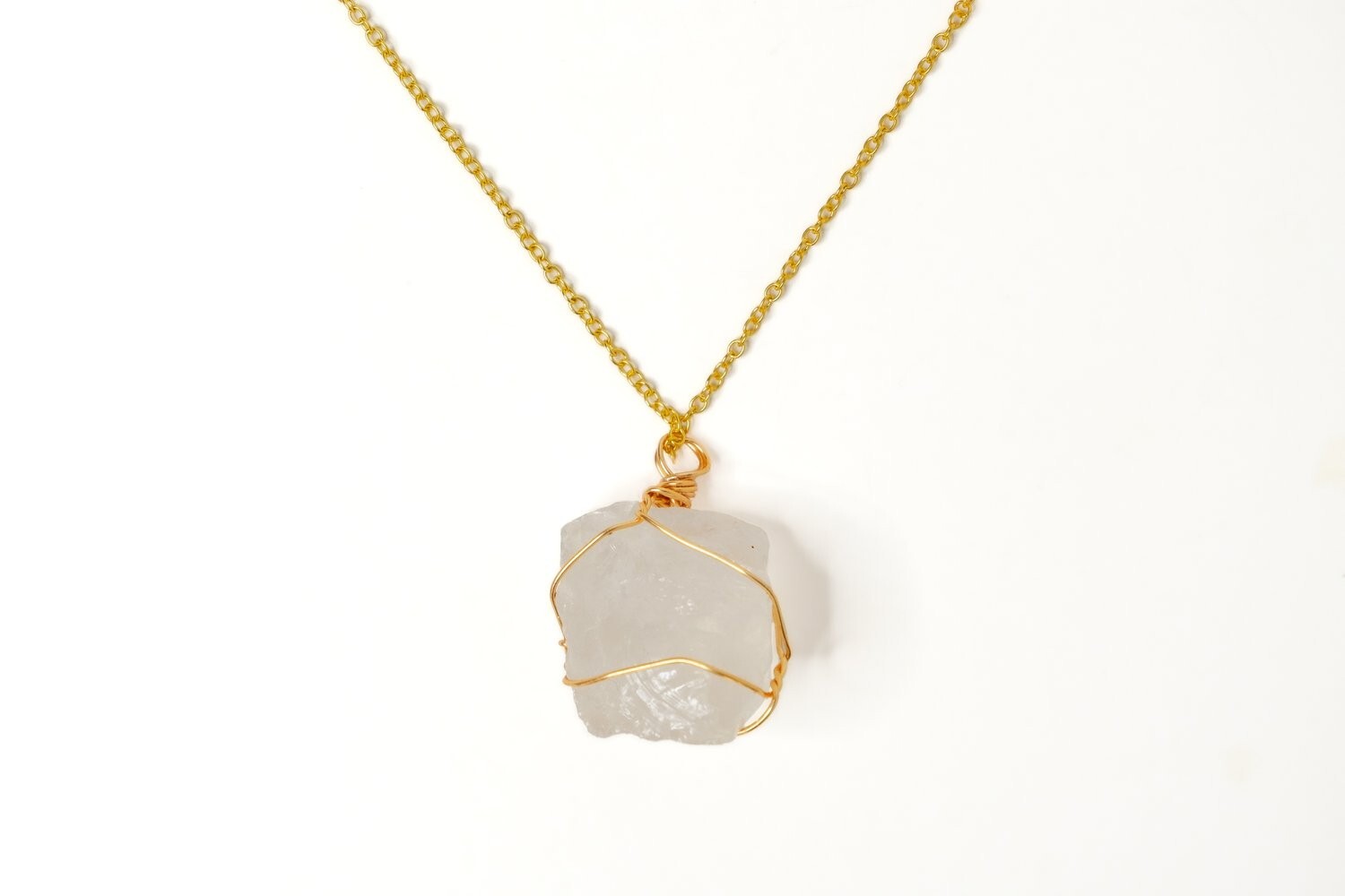 Clear Quartz Energy Healing Crystal Gold-Tone Wire Wrapped Pendant Necklace
