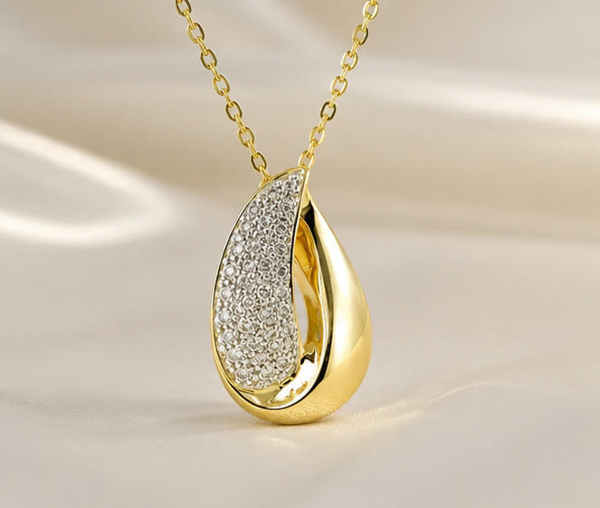 2.50Ct Pavé Simulated Diamond Teardrop Pendant Necklace 14K Yellow Gold Plated