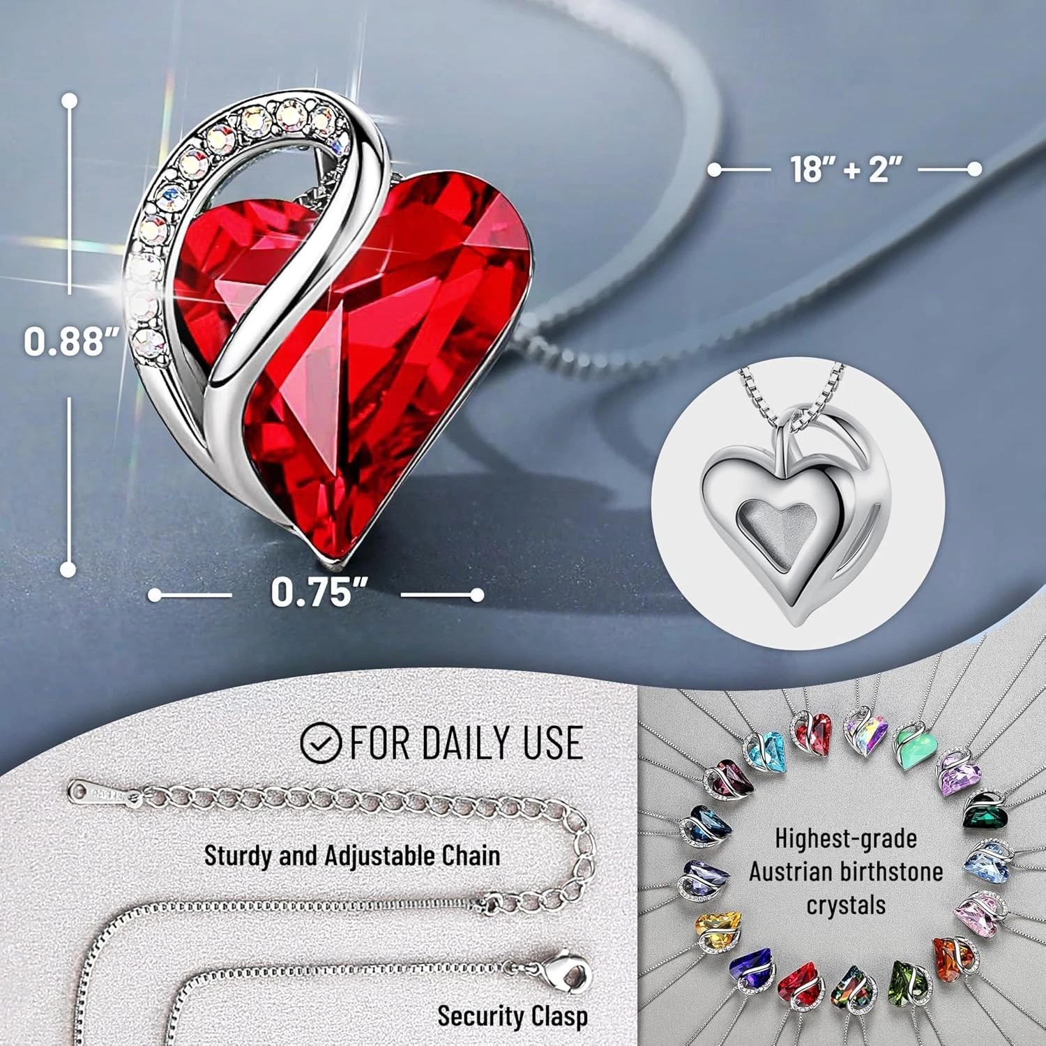 Infinity Love Birthstone Heart Pendant 18″ Gift Necklaces for Women