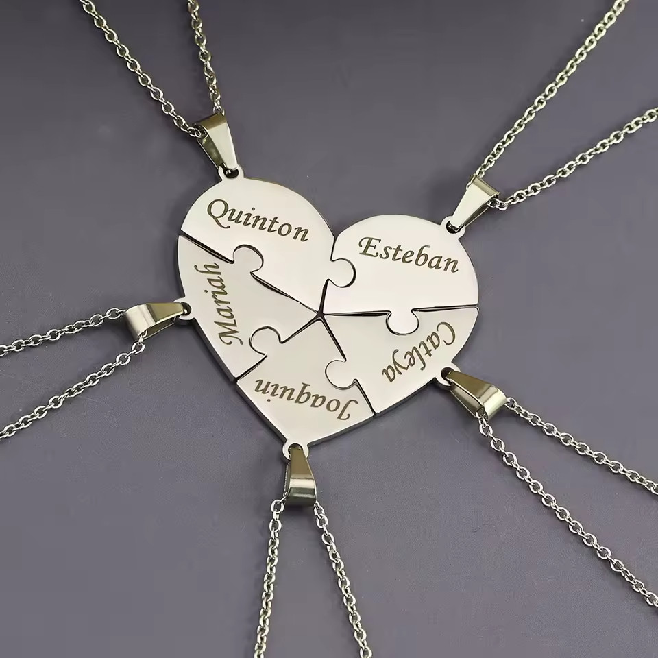 Personalized Puzzle Heart Necklace Custom Engraved BFF Family Birthday Gift Set