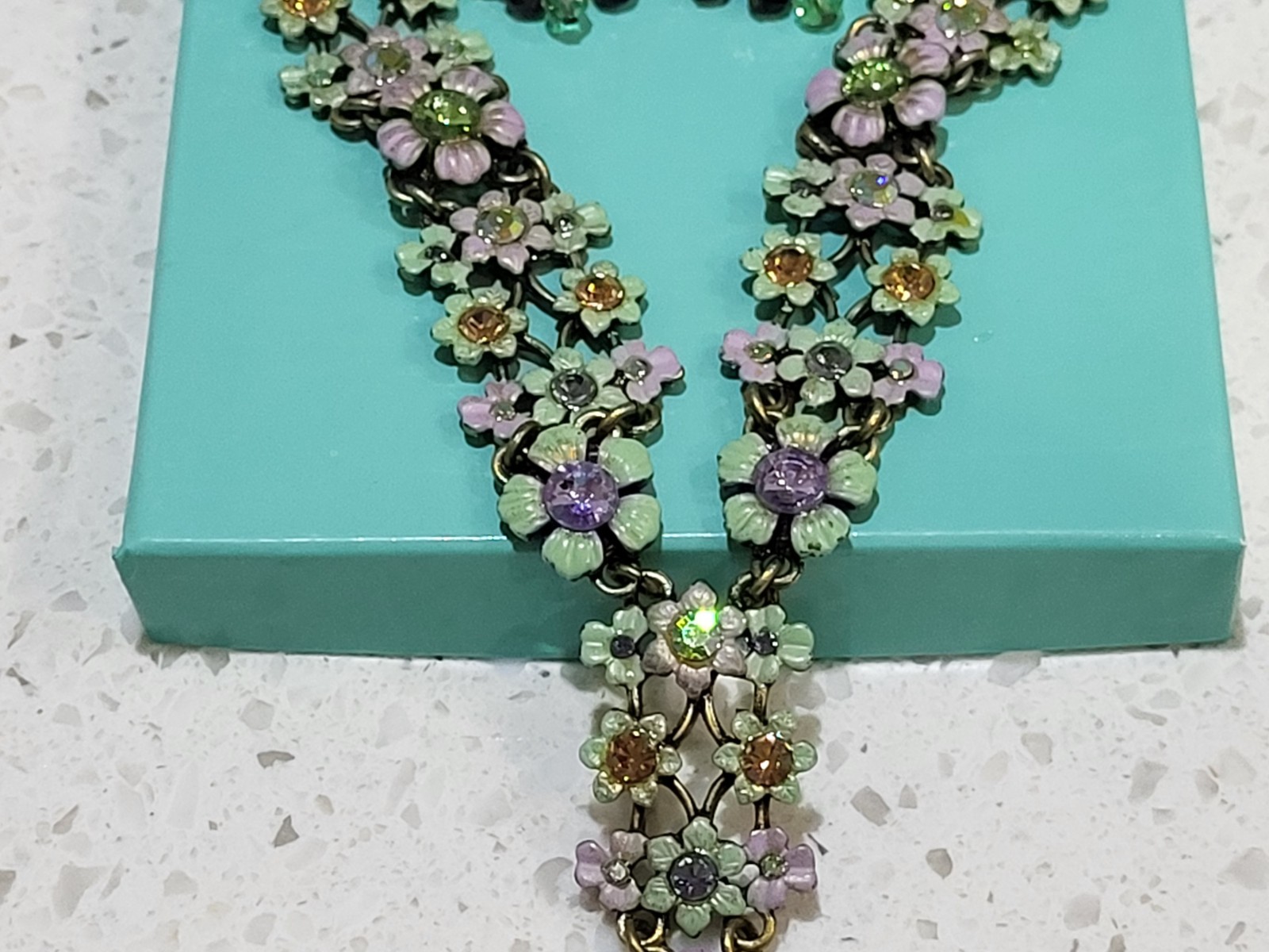 Vtg necklace, earring set Michael Morrison signed MX floral enamel with crystals