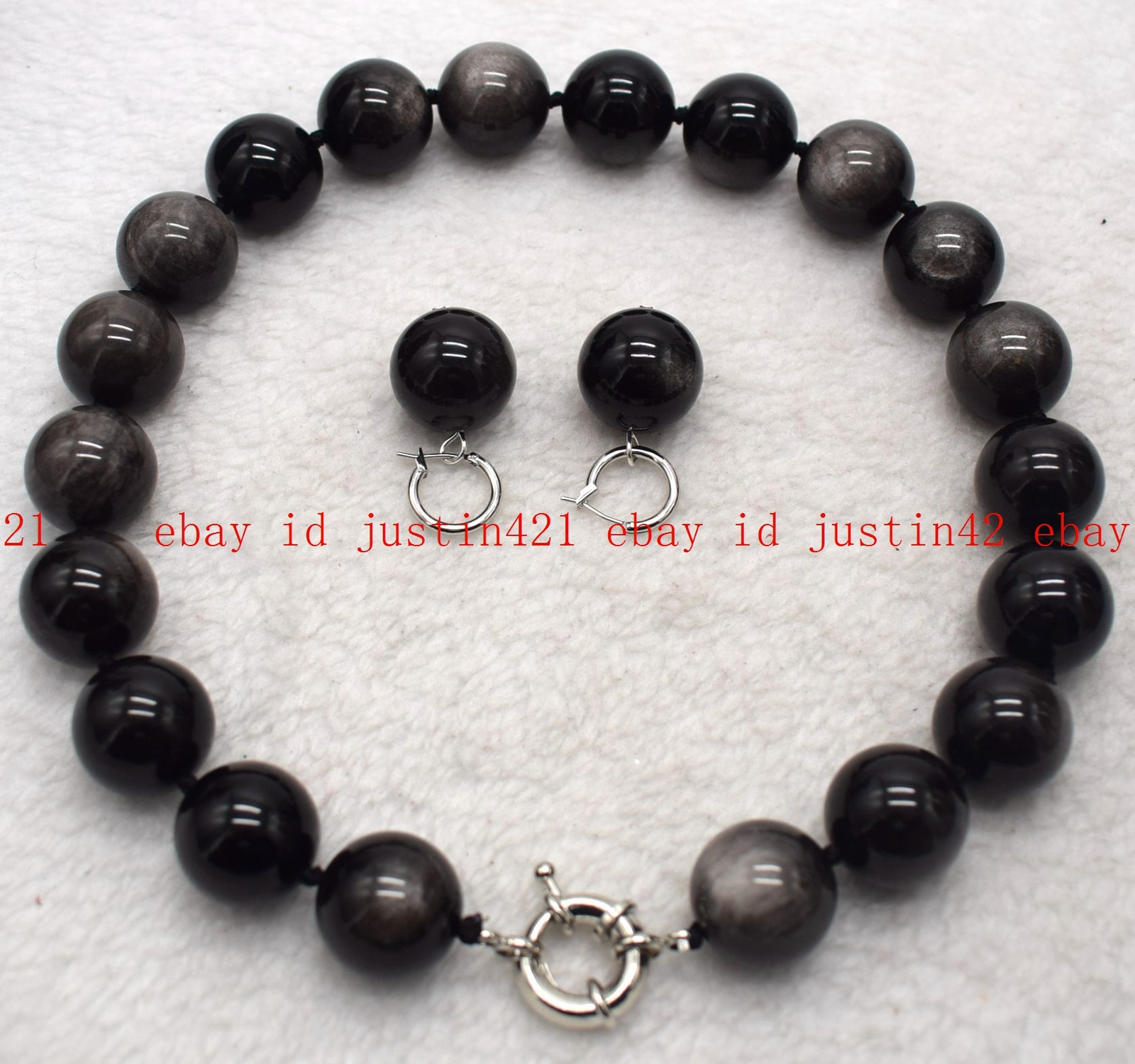 Huge 20mm Silver Eye Obsidian Round Gemstone Beads Necklace Earrings 18″ AAA