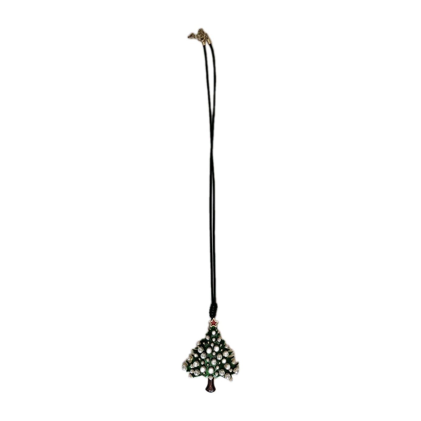 Christmas tree necklace with green tree shape, white pearls, and red star NEW
