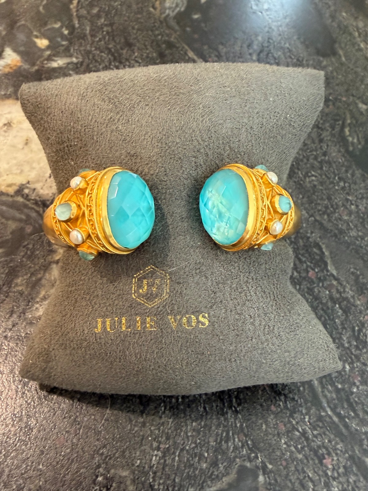 Julie Vos Iridescent Blue Stones & Pearls Large Hinged Cuff Bracelet