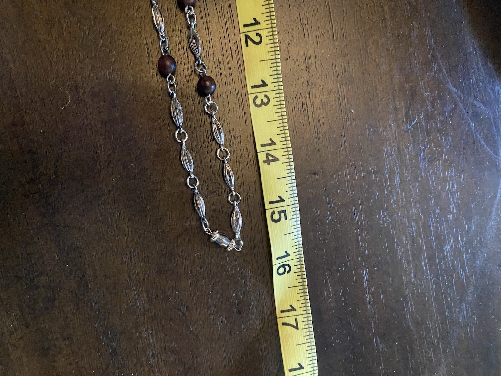 Vintage Brown Wood Bead & Silver Link Chain Necklace, Metal, No Stone, 15 in