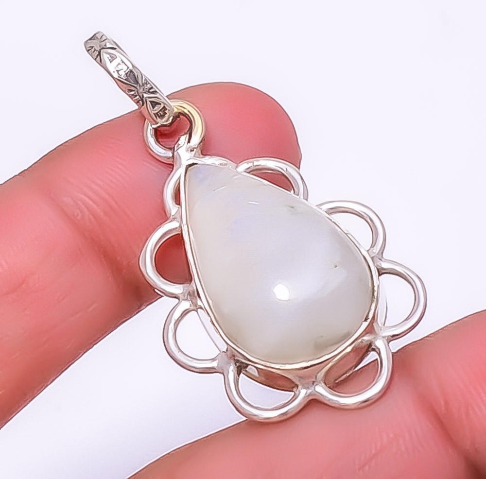 Natural Rainbow Moonstone – Bihar Gemstone 925 Silver Plated Pendant 1.76″ M1