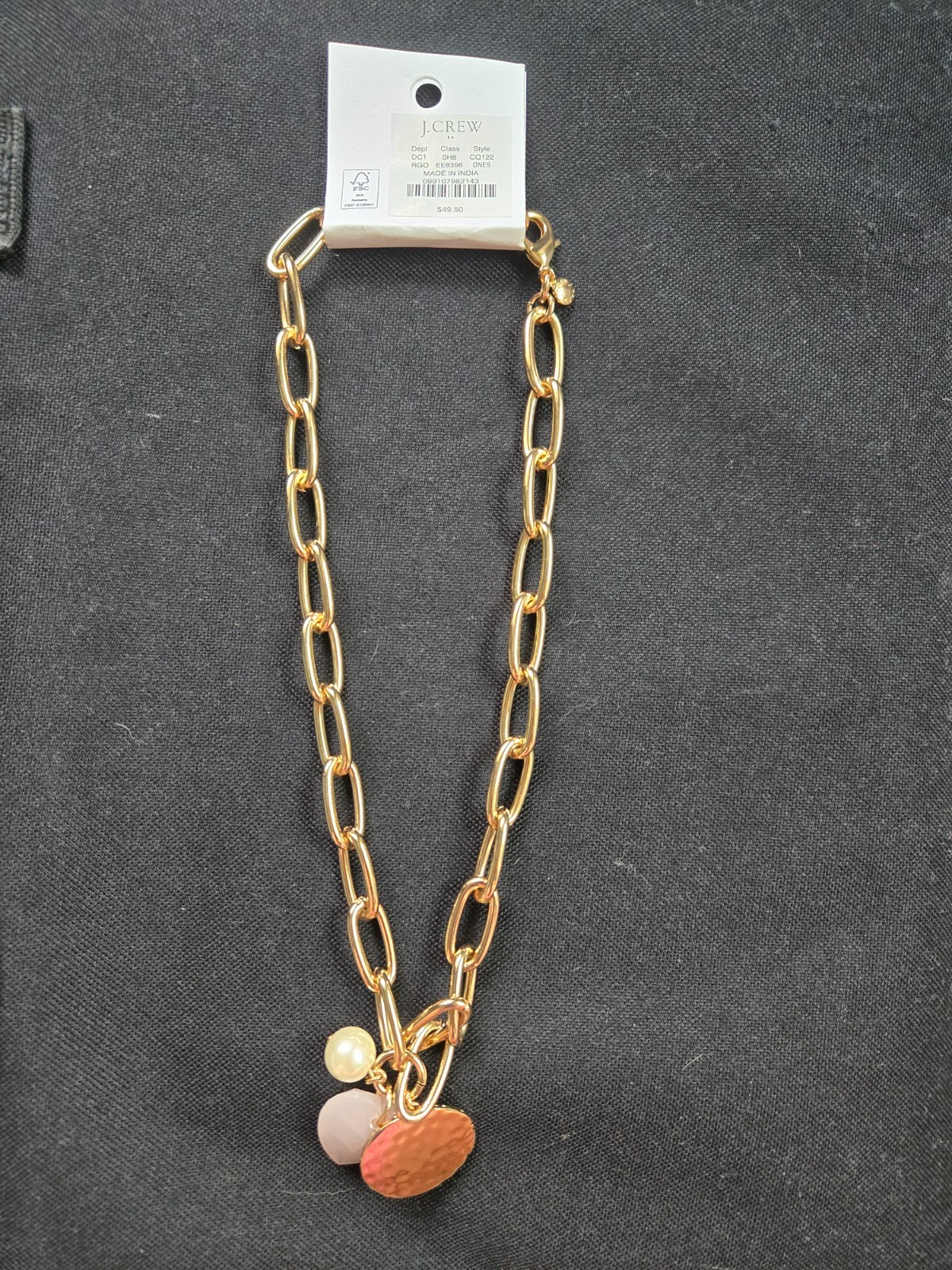 J.CREW Puffy Heart Pearl Coin Charms Gold Necklace, Retails $49.50 NWT!