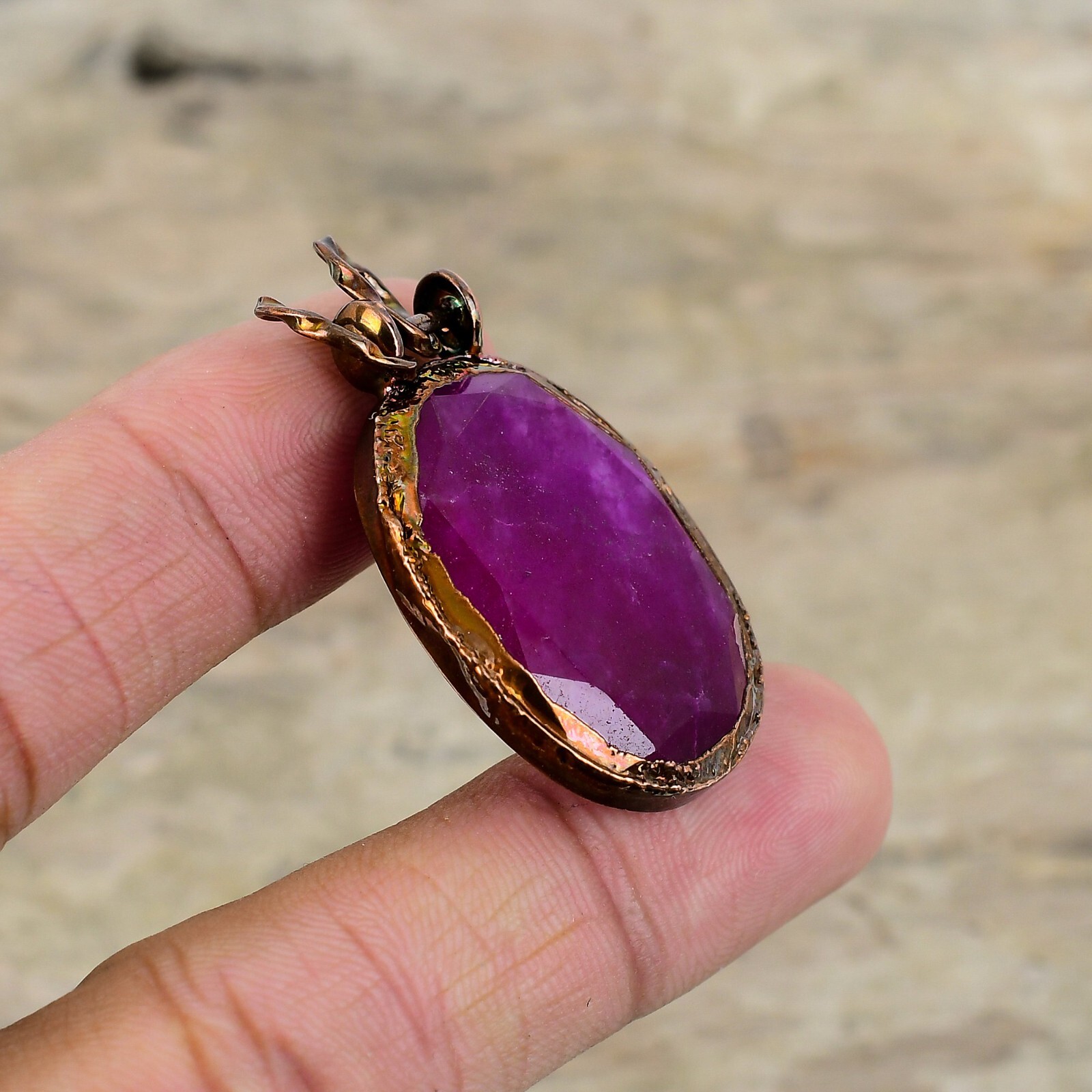 Valentines Sale Copper Oval Kashmir Rubi Stone Wife Electroformed Bezel Pendant