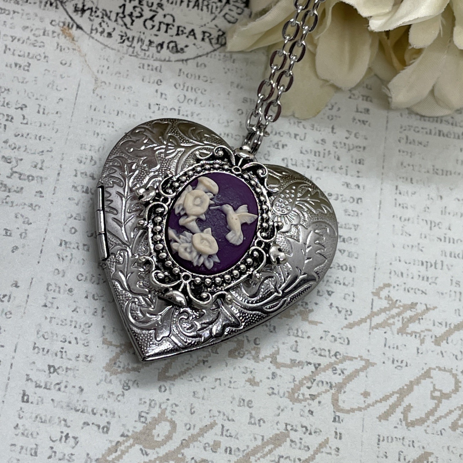 Heart Silver Locket Cameo Hummingbird purple Necklace Photo Bride bridal wedding