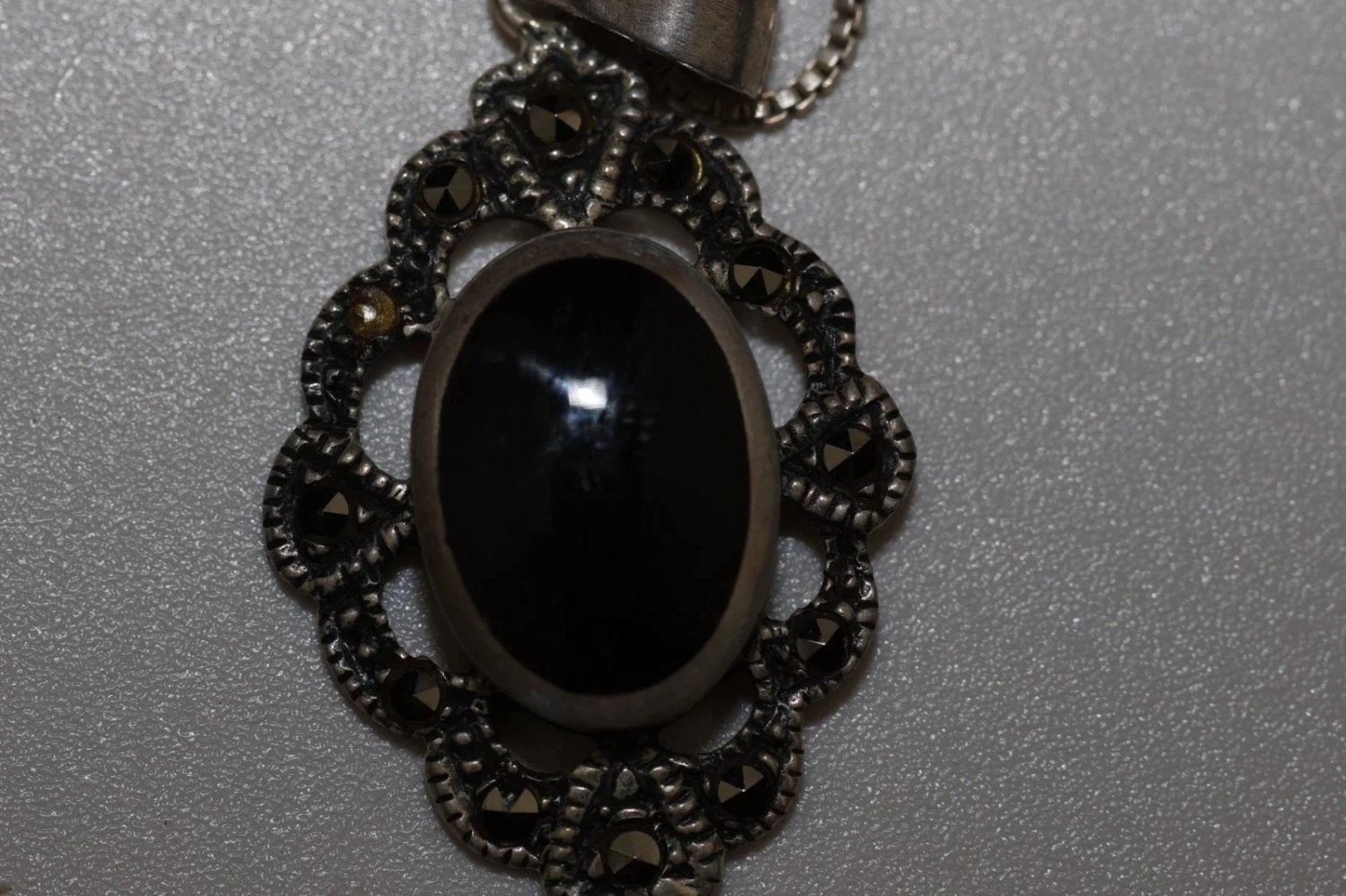 Vintage Agi Sterling Silver Onyx Marcasite Pendant Necklace 925 Italy 16″ Box
