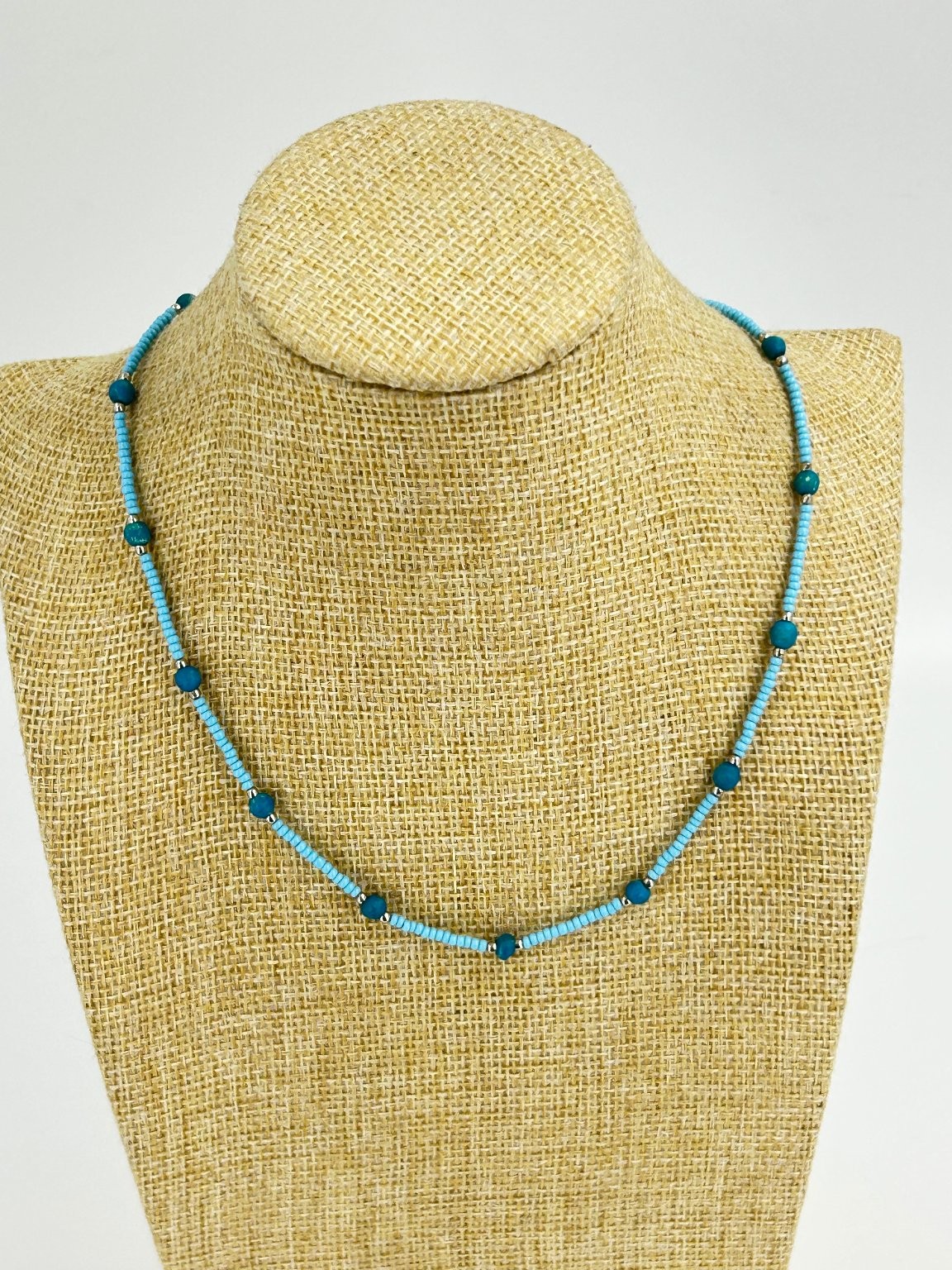 Blue Beaded Necklace 16 Inch Turquoise Glass Beads Silver Tone Handmade