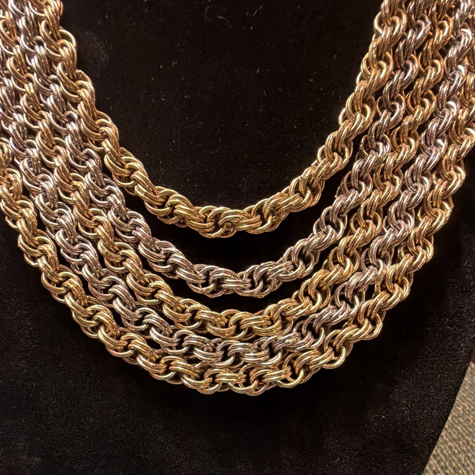 Vintage Gold & Silver Tone Layered Rope Chain NecklaceClear Crystal Clasp 15 IN