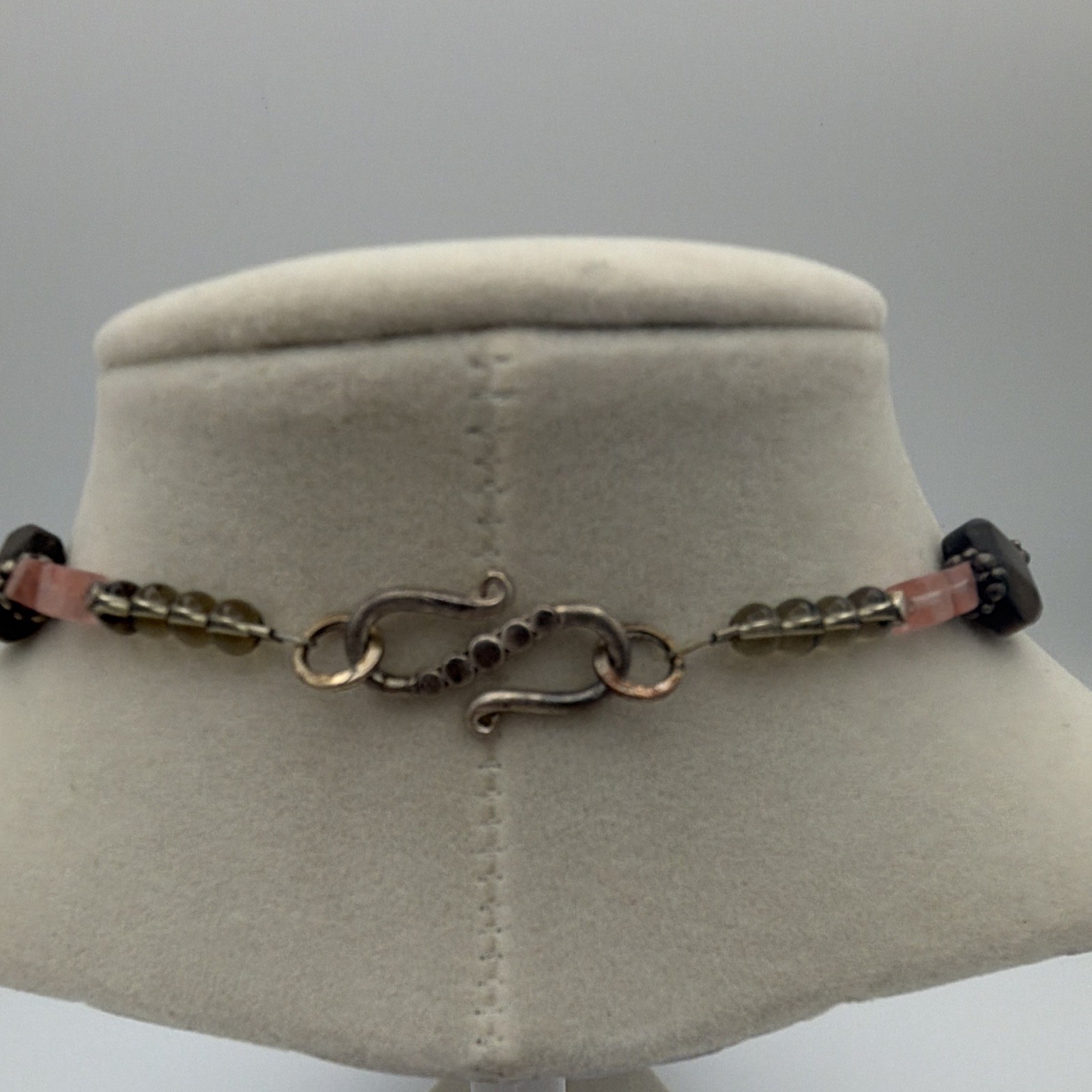 Pink & Brown Stone Beaded Necklace Square Pink Charm Pendant S Hook 20 in