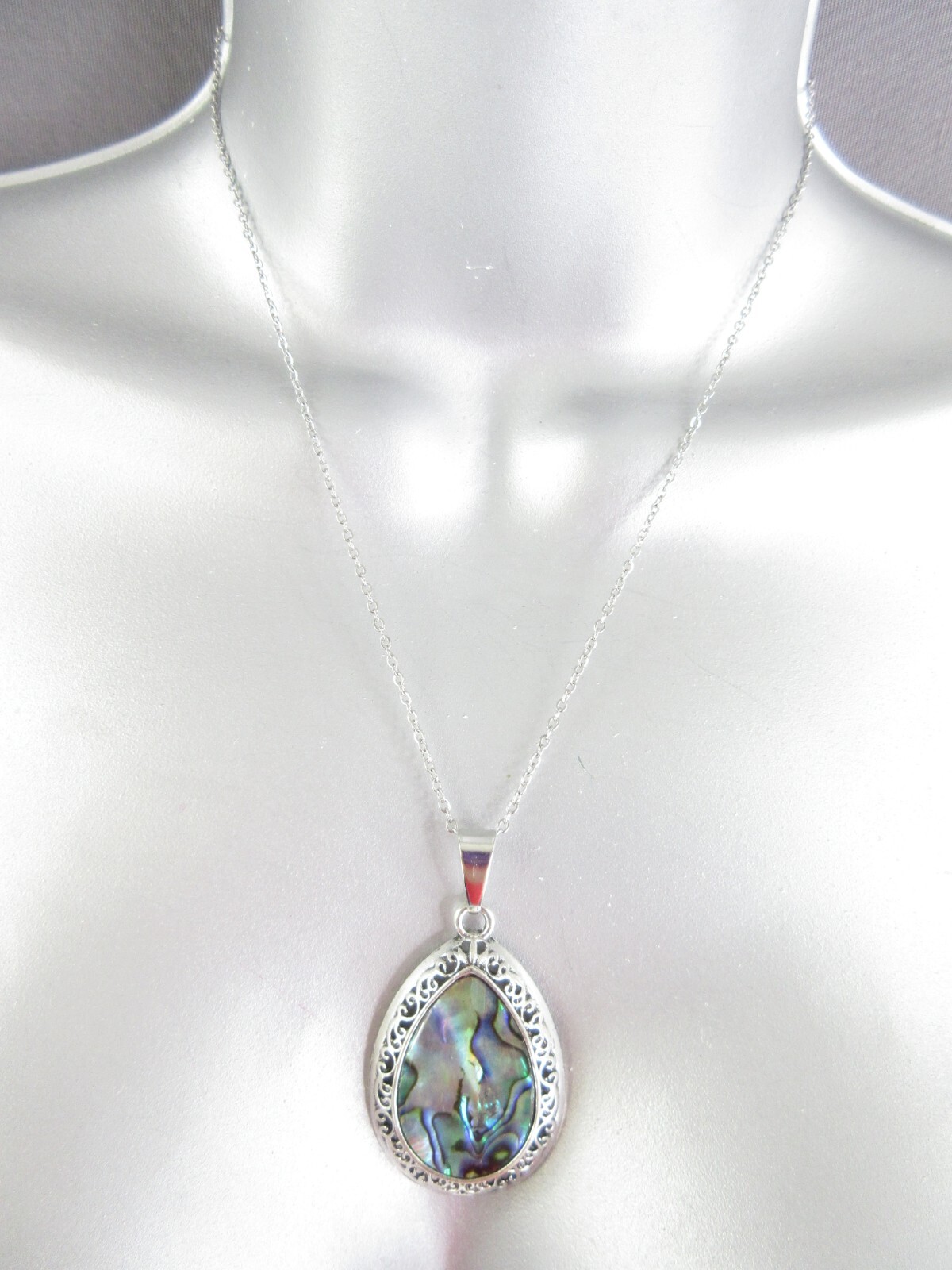 Abalone Shell Pendant Necklace Teardrop Silver Filigree Colorful Blue EXQUISITE