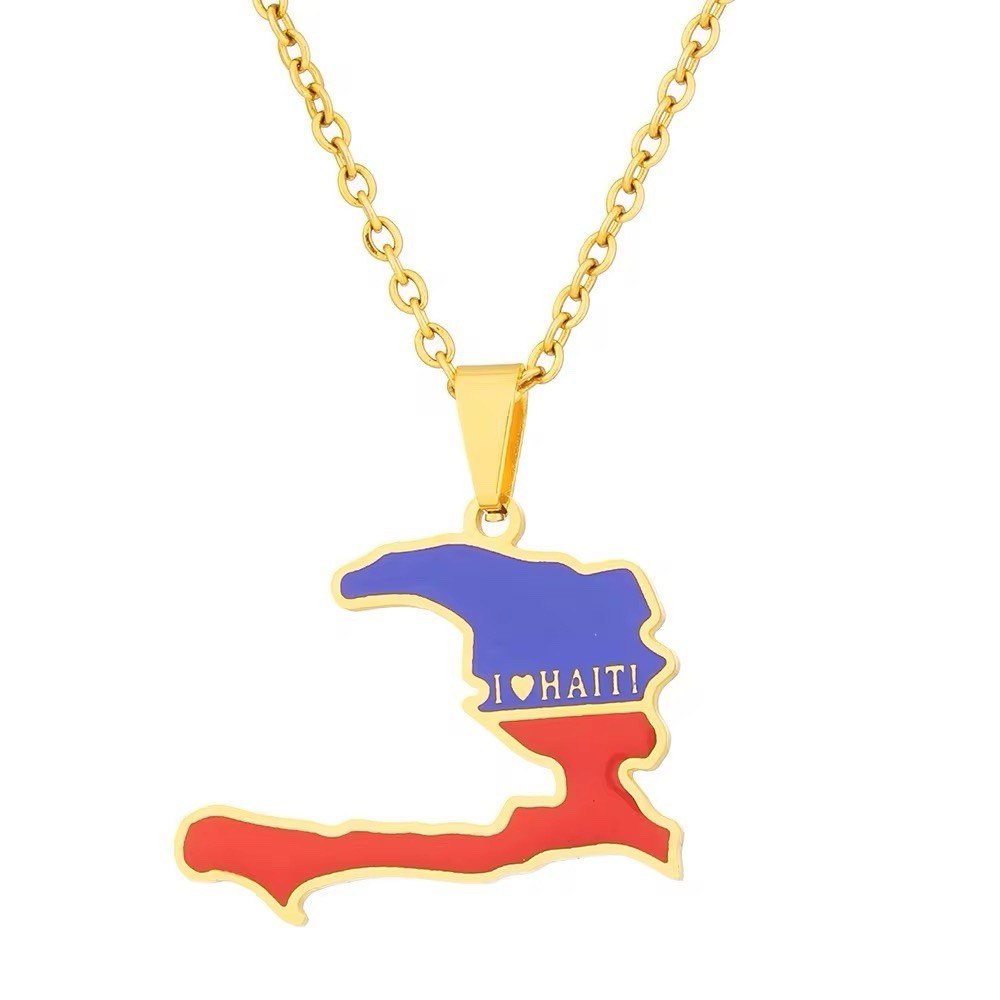 Haiti Map Stainless Steel Necklace, Unisex, Jewelry, Gold Plated, Female, Male