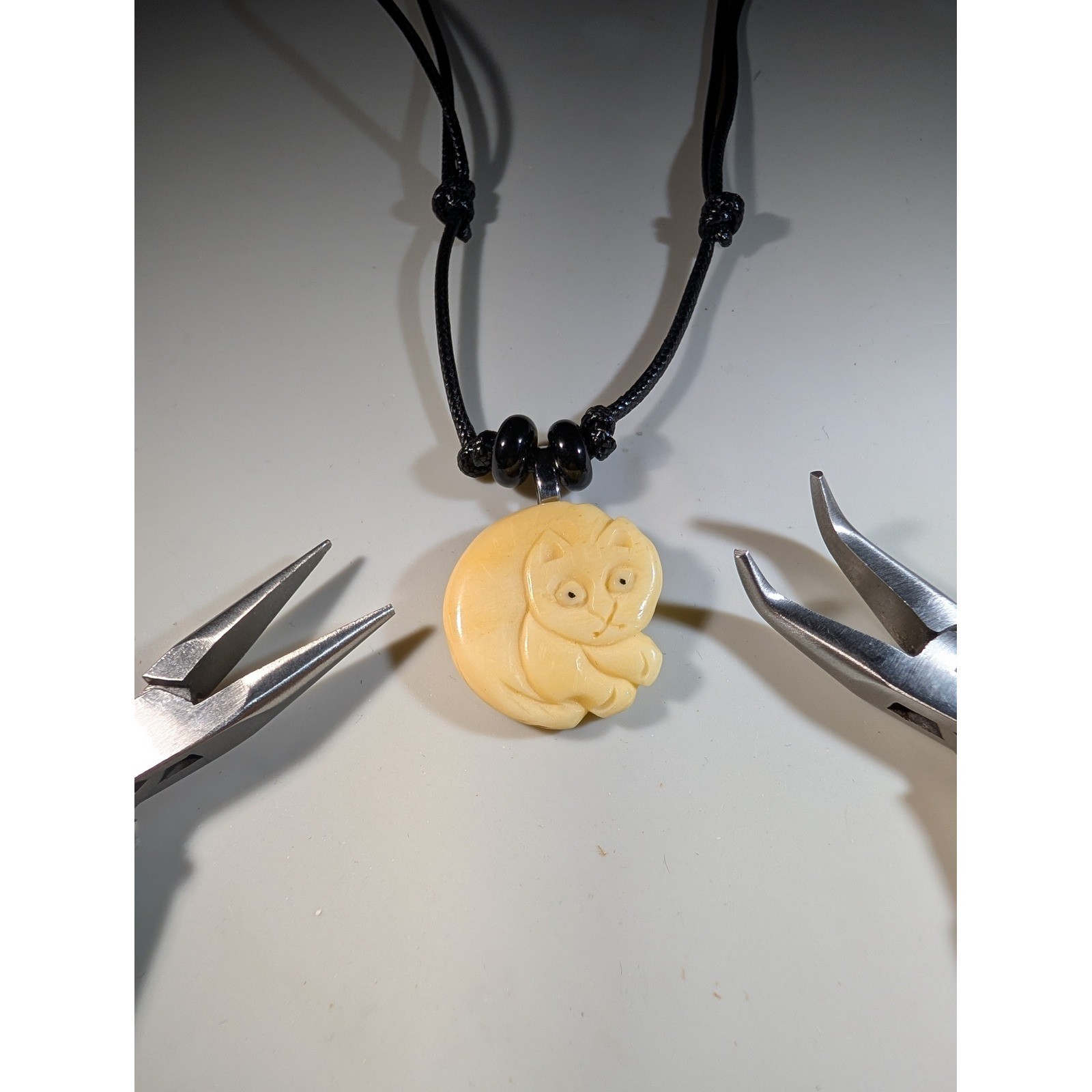 Hand Carved Cat Pendant Necklace Adjustable Black Cord Feline Jewelry