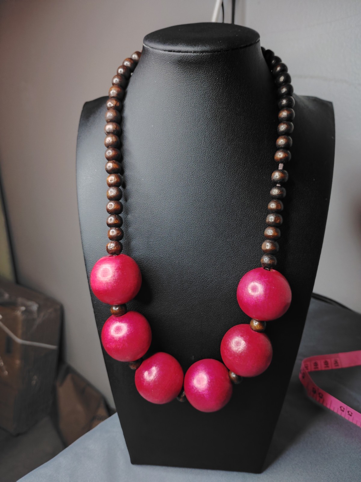 Artisan Red Wooden Bead Statement Necklace 20″ Handmade Boho