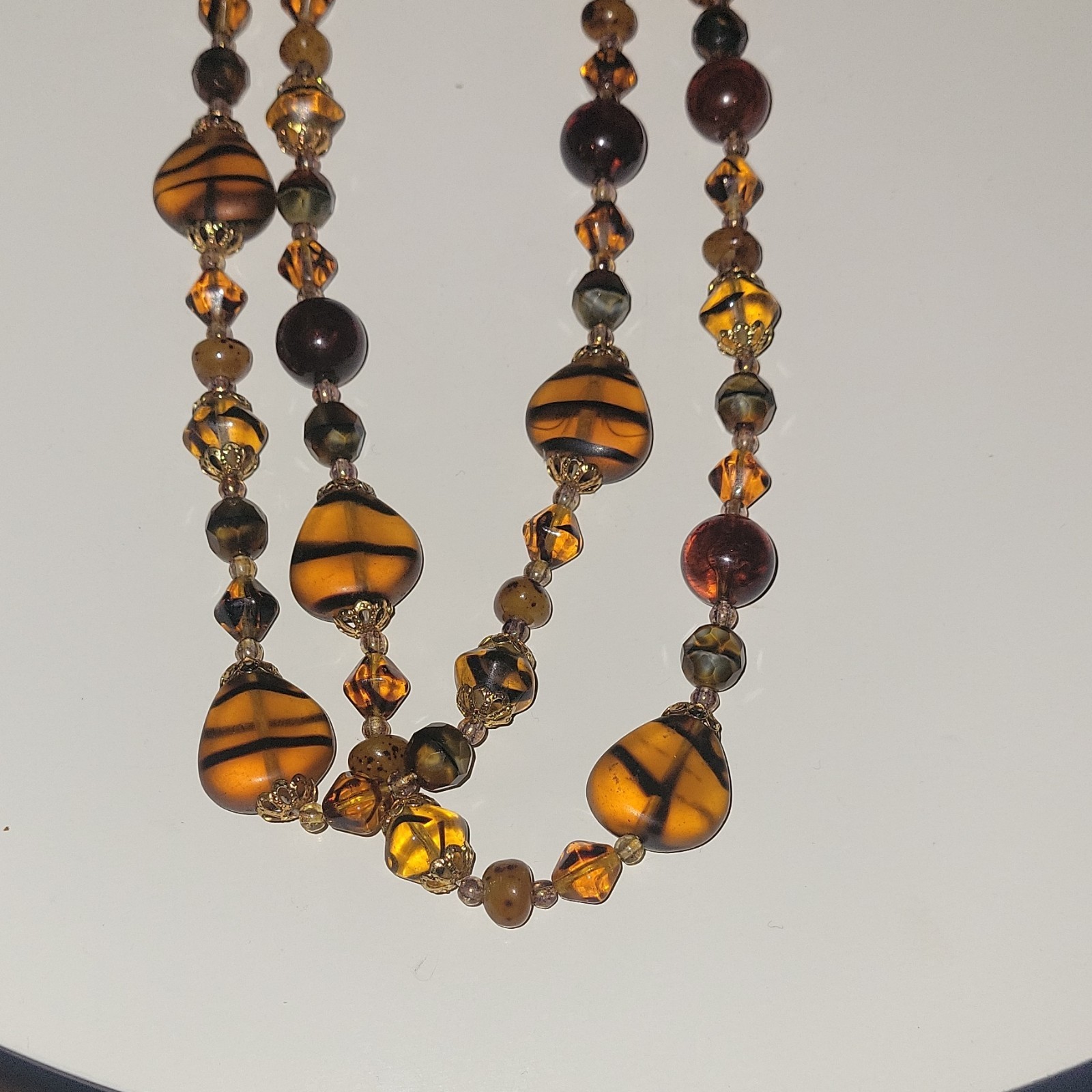 Vintage Multi Strand Amber Art Glass Bead Necklace Tiger Stripe Givre Germany
