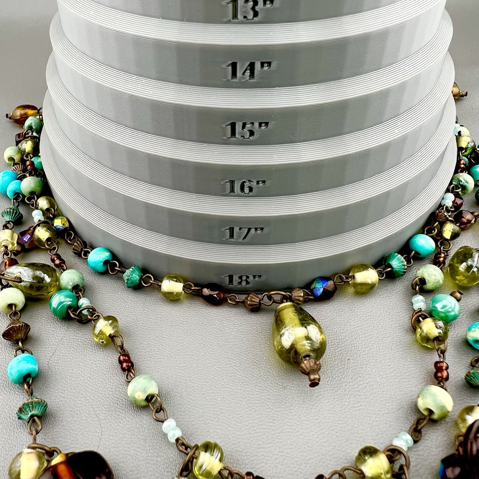 Layered Beaded Necklace Boho Blue Brown Green Glass Multi Strand Bronze Tone 18”