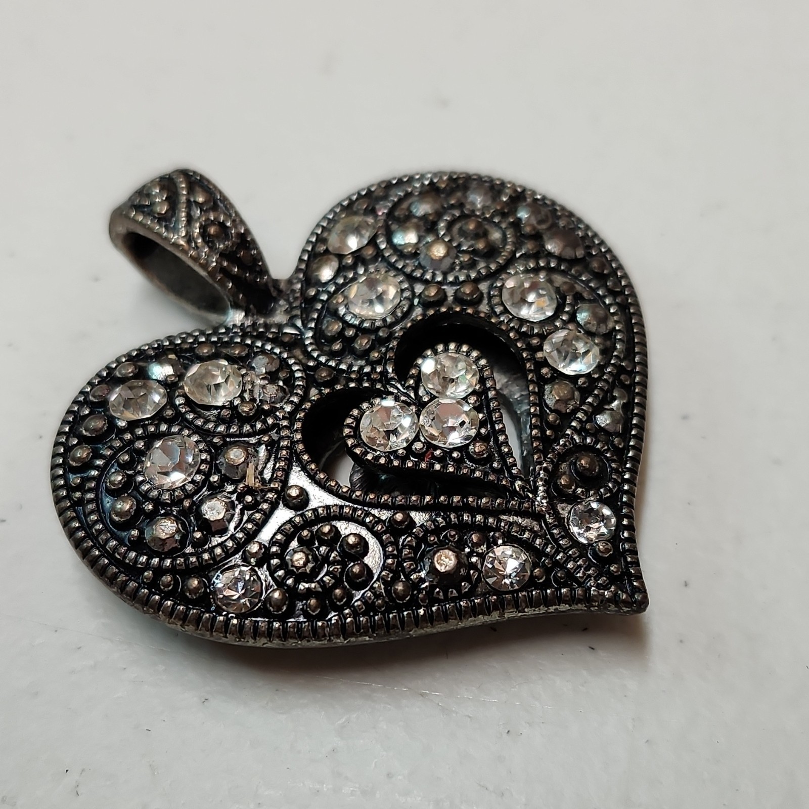 Heart Pendant Charm with White/Colorless Round Crystal Rhinestones, Silver Tone