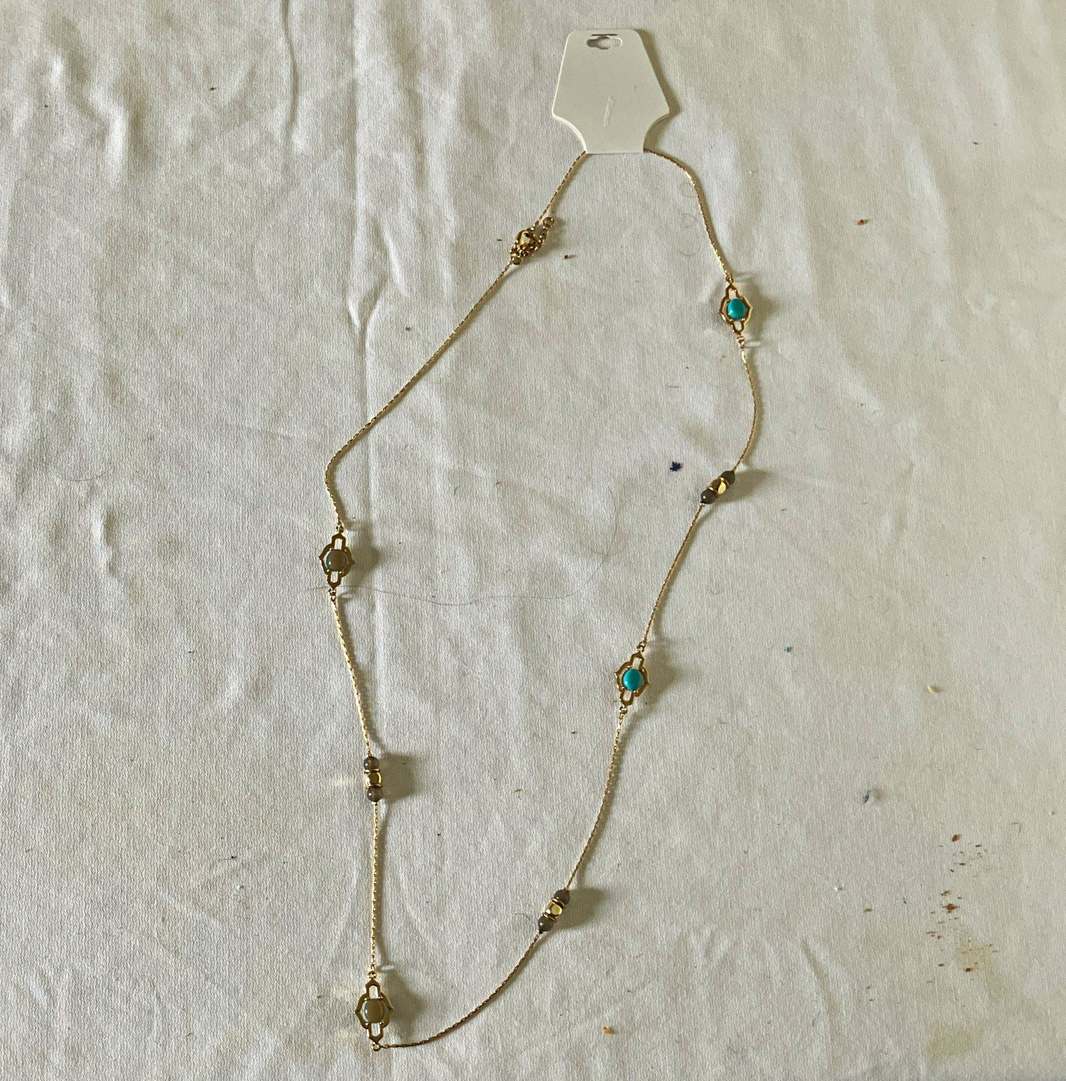 Gold Tone Boho Station Chain Necklace Blue Cabochon 18in Adjustable