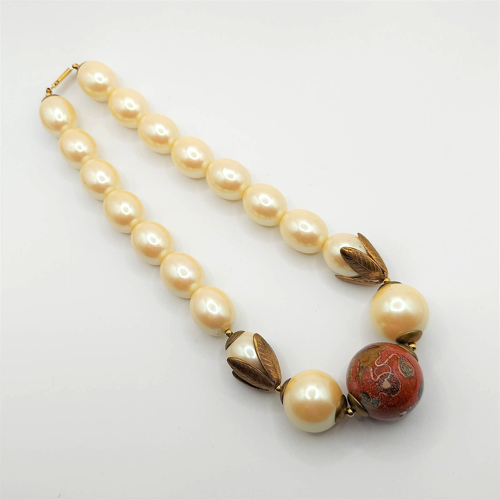 Chunky Egg Shape Faux Pearl 18″ Necklace Large Red Venetian Style Center Bead