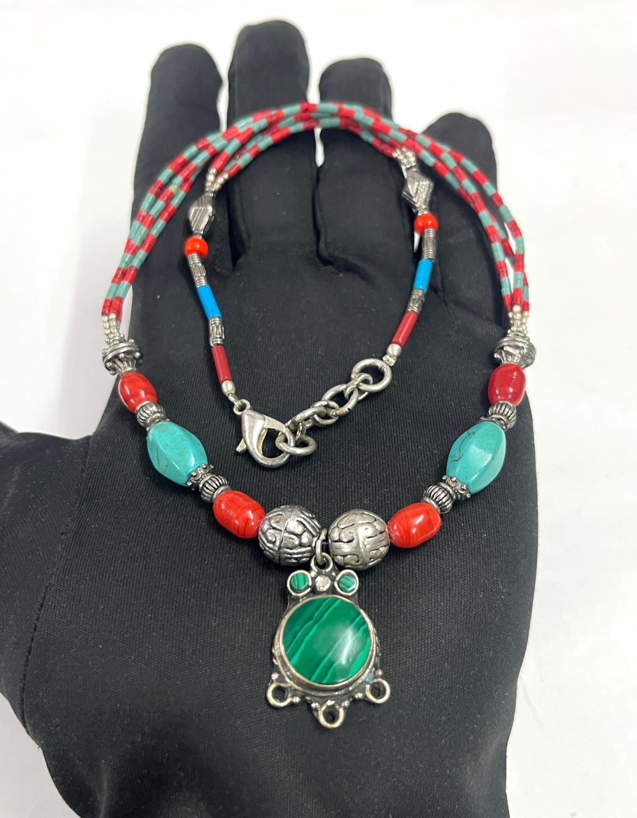 Turquoise Coral Gemstone Tibetan Statement Necklace Jewelry, 17 Inch Adjs