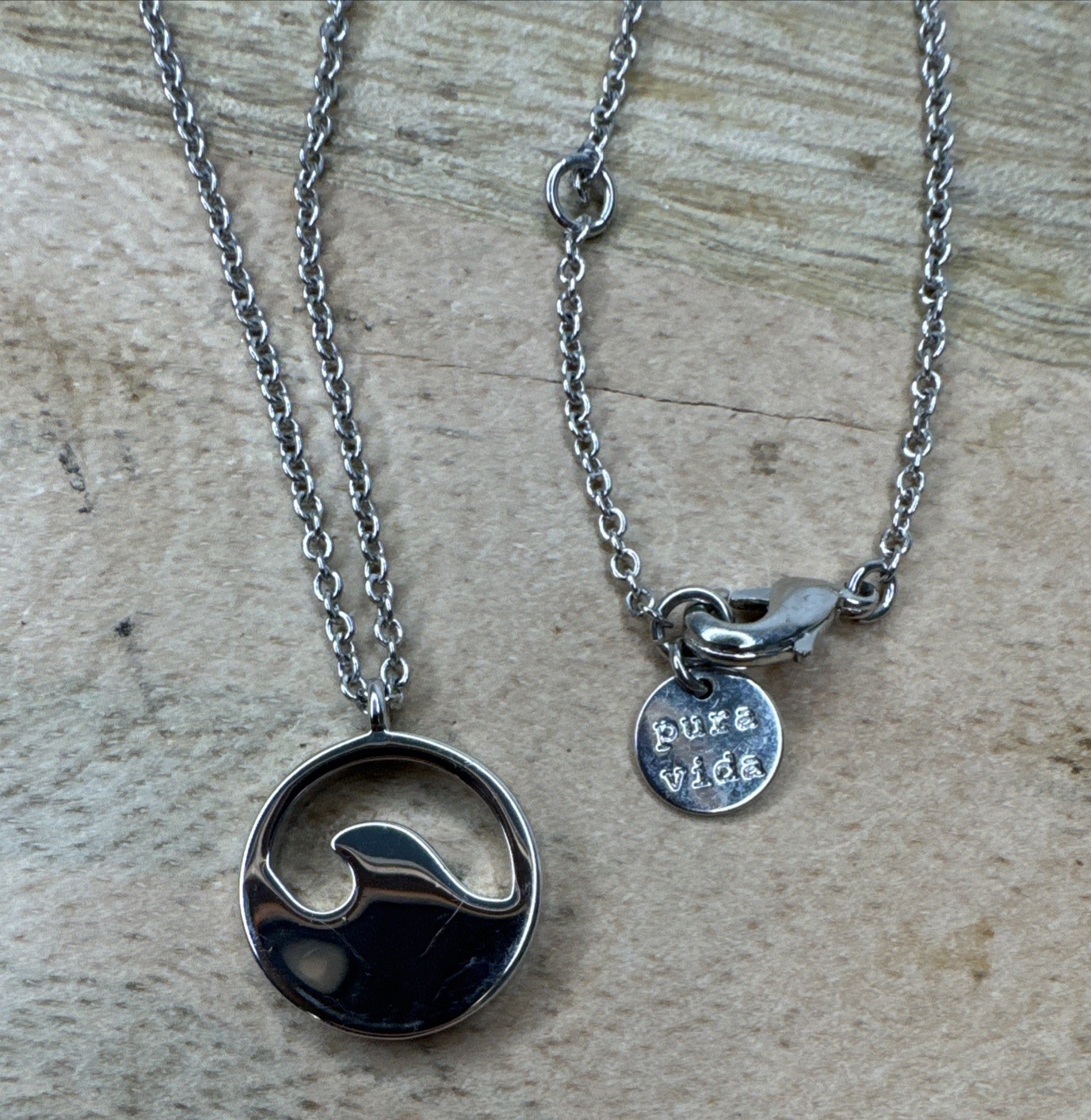 Pura Vida Silver Necklace With Blue Wave, Adjustable 16.25”, 17.25”, & 18.25”