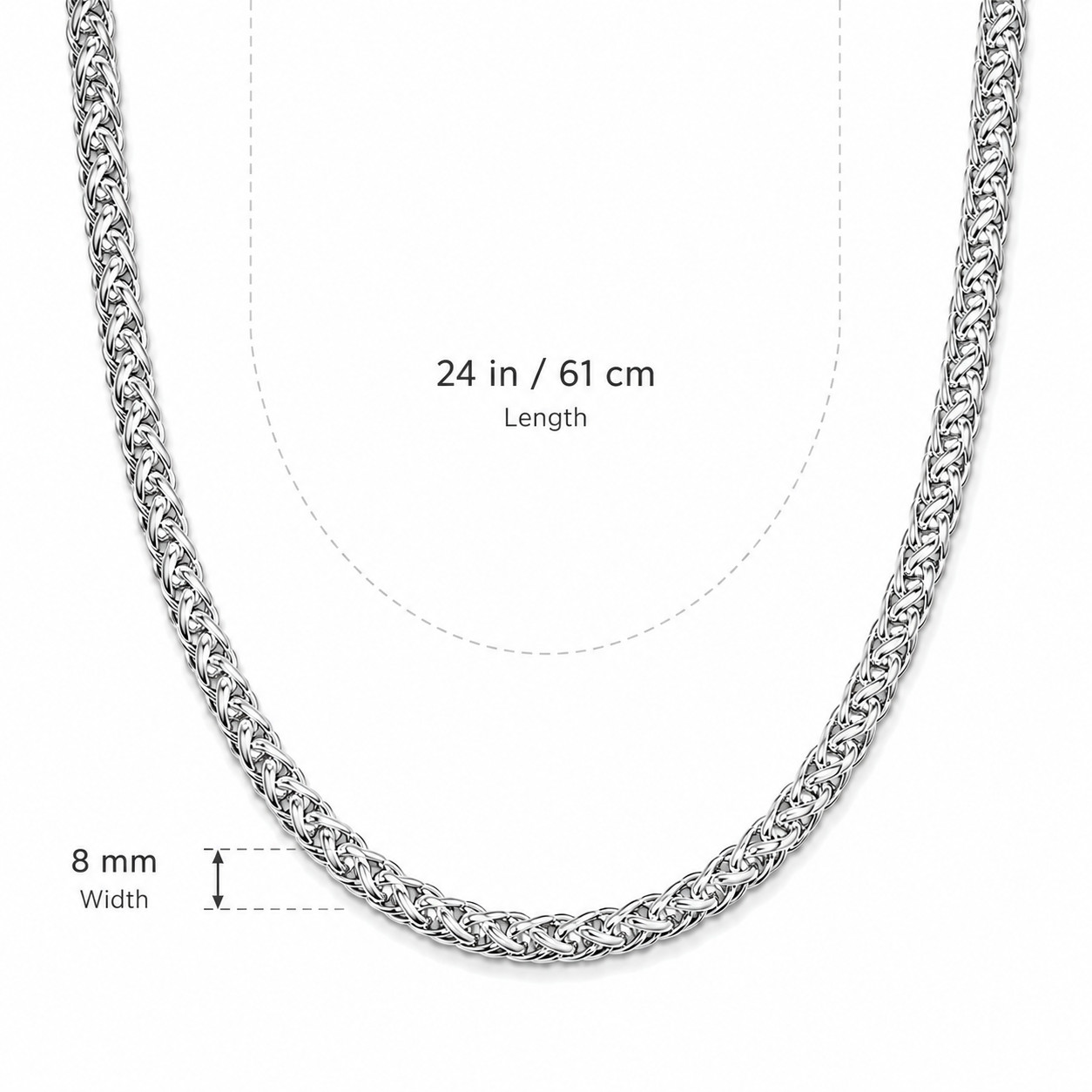 8mm Men’s Stainless Steel Wheat Chain Necklace 24in Thick Braided Silver Tone