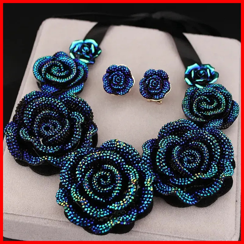 Blue Resin Flower Necklace Earrings Set Women Chunky Statement Jewelry New Gift