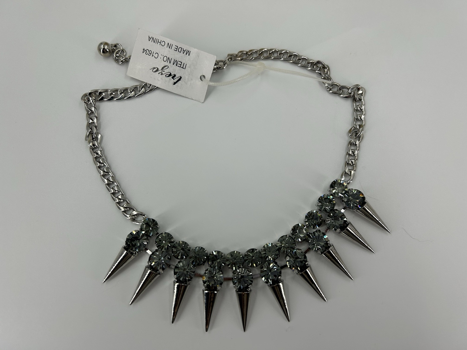 New TREZO Choker Bib Necklace Womens Silver Tone Spikes Rhinestones 17-20 Inch