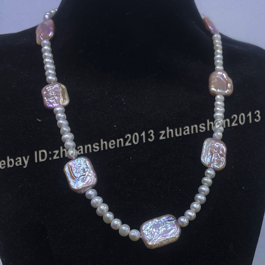 7-8mm White &15x20mm Colorful Freshwater Baroque Rectangle Pearl Necklace 18-28″