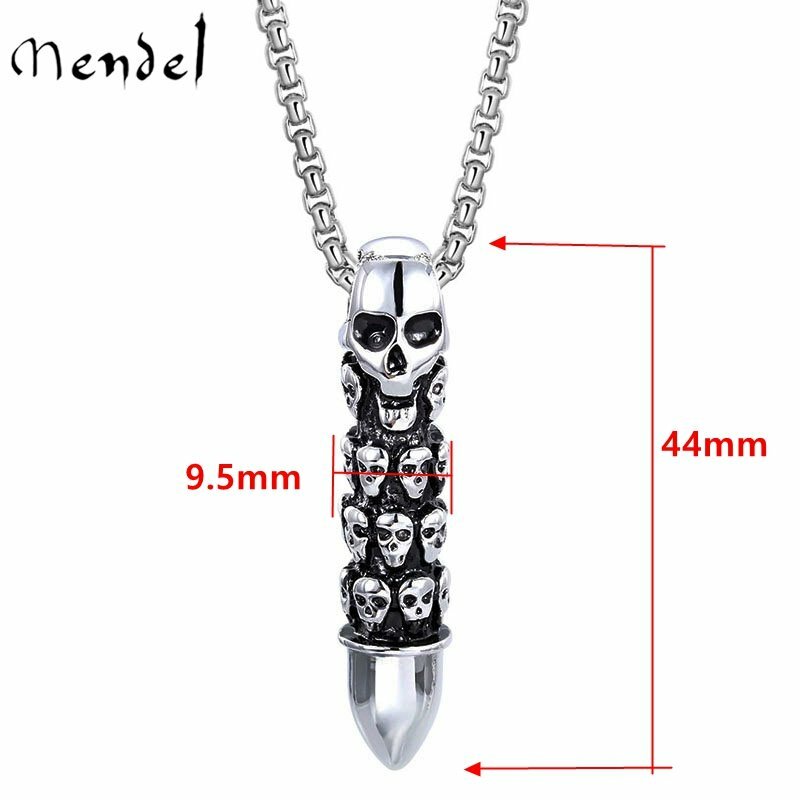 MENDEL Cool Mens Boys Stainless Steel Biker Punk Skull Bullet Pendant Necklace