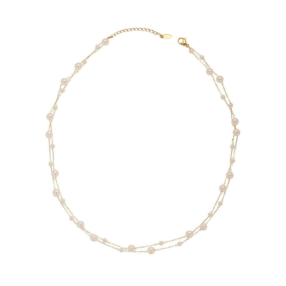 Woman 18K Gold Plated Stainless Steel Pearl 2 Layers Chain Necklace