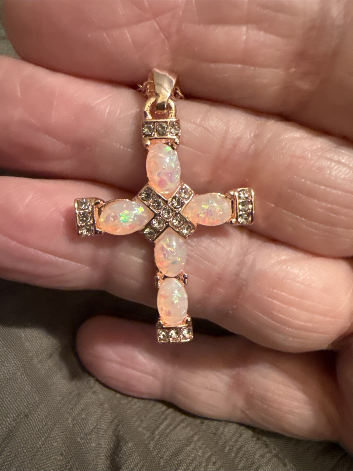 Rose Golden Hip Hop Pinkish Blue Glass Stones Cross Necklace W/rhinestones